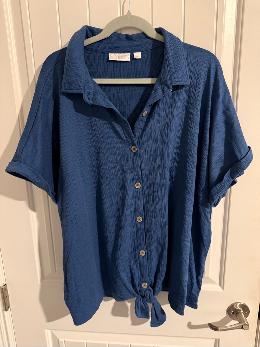 Belle by Kim Gravel 2X Blue Crinkle Button-Front Tie-Front Blouse